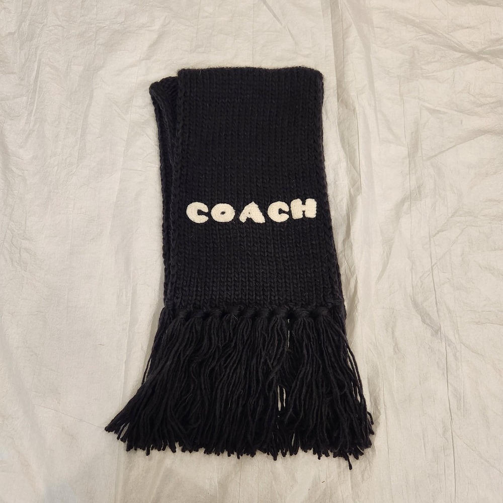 COACH Black Chunky Knit Fringe Scarf Embroidered Logo Heavy Ribbed Tassel 84"